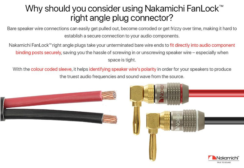 Nakamichi FanLock Excel Series 24k Gold Plated Right-Angle 90 Degree Banana Plug 10 AWG - 18 AWG Gauge Size 4mm for Speakers Amplifier Hi-Fi Home Theatre Wire Cable Quick Connector, 12 Pcs (6-Pairs) 12 Pcs (6-Pairs)