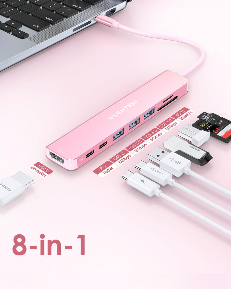 LENTION 8-in-1 USB-C Hub with 4K 60Hz HDMI, 100W Power Delivery, 5Gbps USB C Data, 3 USB 3.0 and microSD & SD Card Reader for 2023-2016 MacBook Pro, New Mac Air/Surface, More (CB-CE18s, Rose Gold)