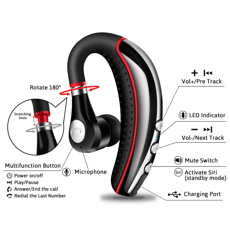 Bluetooth Headset V5.0,Wireless Bluetooth Earpiece with Noise Canceling Mic for Cell Phone,Business Earphone for Driving/Trucker/Office,Sweatproof Headset for Android/iPhone-RED Red