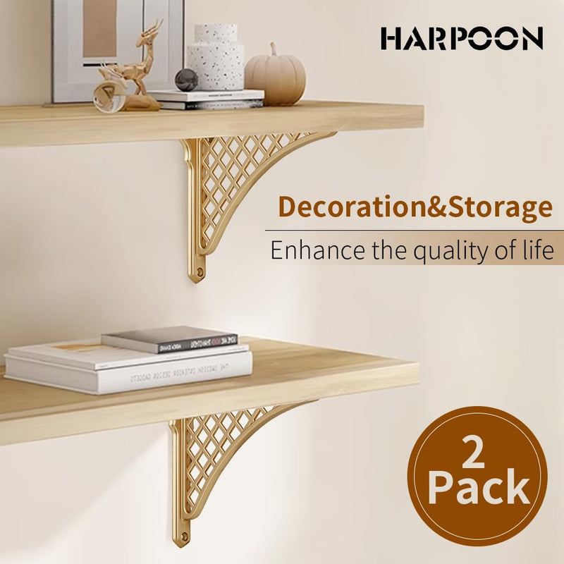 HARPOON 2 Pack Heavy Duty Cast Iron Victorian Shelf Bracket, 8 Inches Gold Baroque L-Shaped Shelf Brackets, DIY Projects, Hardware Included 8 Inch