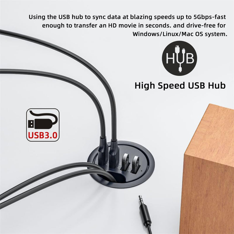 NFHK USB 3.0 Hub 4 Port USB 60mm Desk Grommet Splitter Dock Station Interface for Desktop PC Desk 4-USB3.0