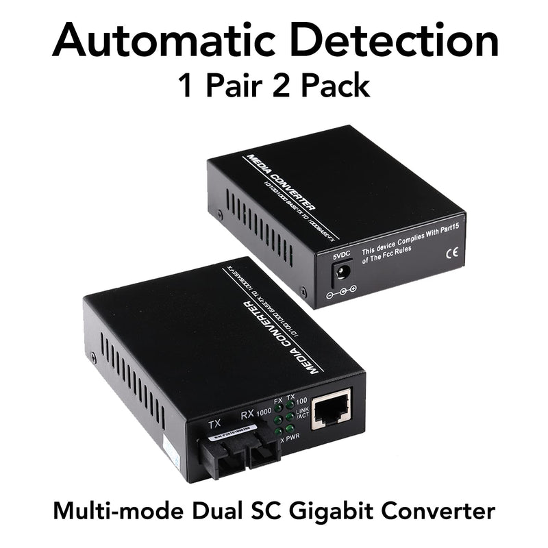 A Pair 2 Pack Multi-Mode Dual SC Fiber Gigabit Fast Ethernet Media Converter, Mini 1x 10/100/1000Base-T RJ45 to 1000Base-SC Slot Converter Transceiver, up to 2KM 850-1310-nm, AC 100V~240V Multi-Mode SC Dual Port