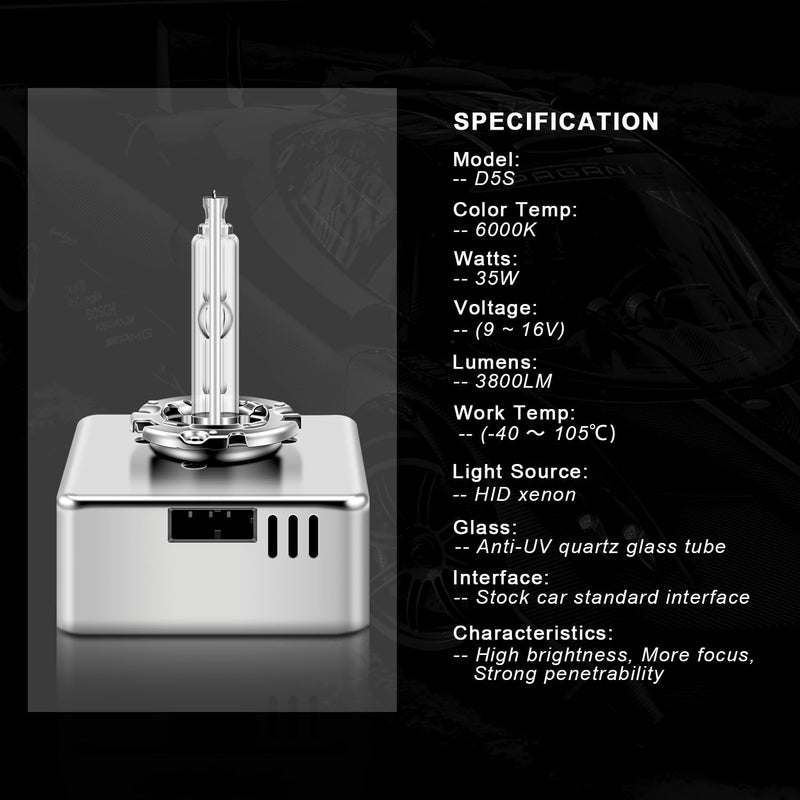  [AUSTRALIA] - WinPower D5S Xenon HID Headlight Bulb, 6000K Cool White 35W Metal Stents Base High Low Beam Replacement Lights, Pack of 1
