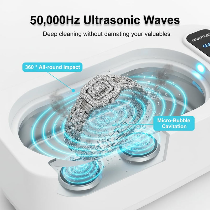 Ultrasonic Jewelry Cleaner, 50KHz Ultrasonic Cleaner 16.9oz for Eyeglasses Retainers Dentures Watches Coins, 4 Cleaning Modes, 304 Stainless Steel Tank with Watch Stand