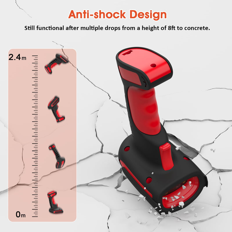Symcode 2D Industrial Barcode Scanner with Stand 433 Wireless 1968 Feet Transmission Distance USB QR Automatic Barcode Reader Handhold Hands-Free Bar Code Scanner with Charging Base Red