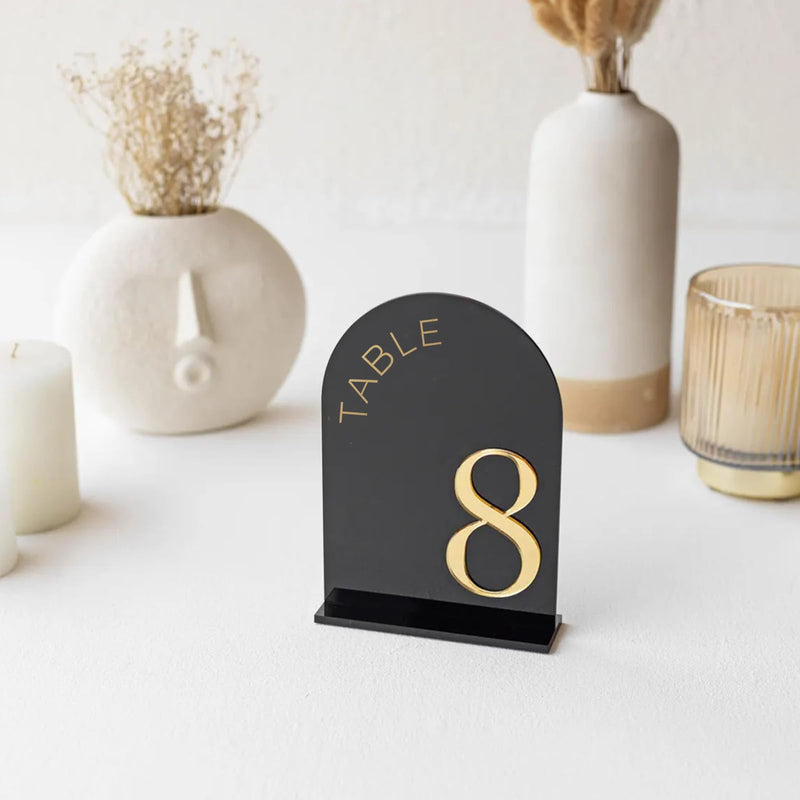Black Arch Wedding Table Numbers 1-15 with Stand, 15 Pack 5x7 Inch Black Arch Acrylic Sign with Gold Number, Black and Gold Acrylic Table Numbers for Wedding Reception(Black and Gold) Table Number 1-15, 5"x7"