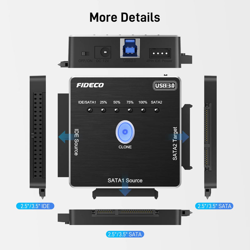 FIDECO SATA/IDE to USB 3.0 Adapter, Hard Drive Adapter Cable for Universal 2.5/3.5 Inch IDE/SATA External HDD SSD, 5.25-Inch DVD-ROM/CD-ROM/CD-RW, Offline One Touch Clone, Support 16TB (Cable PL06) SATA/IDE Cable PL06