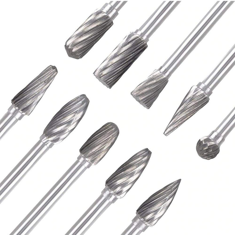 10pc Tungsten Carbide Burr Set 1/4" Shank Double Cut Rotary Cutting Burr Set Die Grinder Bits for Steel Metal Wood Woodworking Carving, Polishing, and Engraving