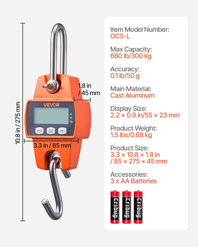 VEVOR Digital Crane Scale, 660 lbs/300 kg, Industrial Heavy Duty Hanging Scale with Cast Aluminum Case & LCD Screen, Handheld Mini Crane with Hooks for Farm, Hunting, Fishing, Outdoor, Garage (Orange) Orange