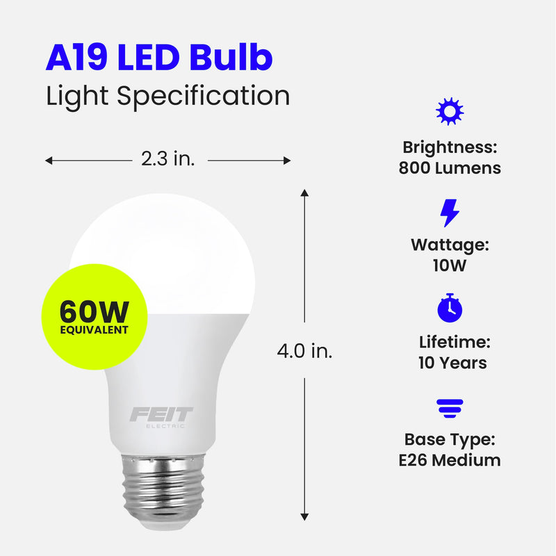 Feit Electric A19 LED Light Bulbs, 60W Equivalent, Non Dimmable, 800 Lumens, E26 Standard Base, 5000k Daylight, 80 CRI, 10 Year Lifetime, Energy Efficient, 24 Pack, A800850/10KLED/MP/24 24 Count (Pack of 1) 60-Watt LED