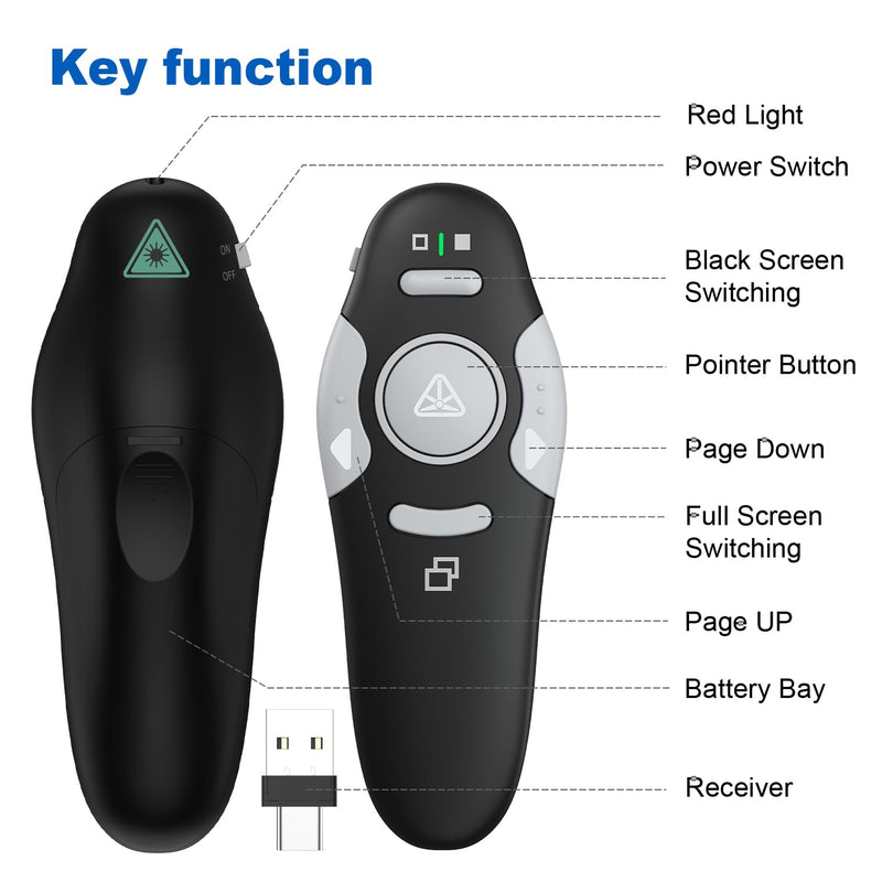 QUI 2 Pack Presentation Clicker, Wireless Presenter Remote Clicker for PowerPoint, Slide Advancer for Mac, Windows, Google Slide, Keynote (USB Type-c, Black Pink) USB Type-c