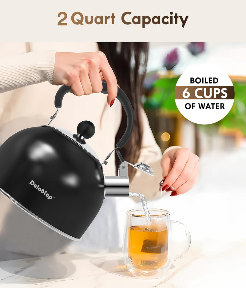 Premium Stainless Steel Tea Kettle for Stove Top - 2 Quart Classic Stovetop Teapot, Loud Whistle Kettle with Ergonomic Handle - Ideal for Hot Water & Tea,Coffee & Kitchen Decor(black) Black