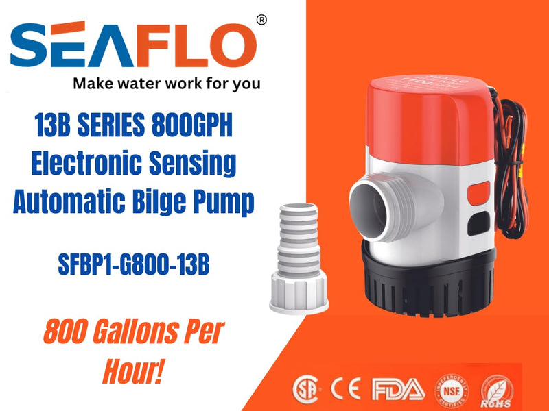 SEAFLO 13B Series 800 GPH Automatic Bilge Pump - 12V,Electronic Sensing Marine Submersible Boat Pump, 18 ft Head, 1 in + 1 1/8 in Outlet, Anti Airlock, Cartridge Motor Design, 4 Year Warranty