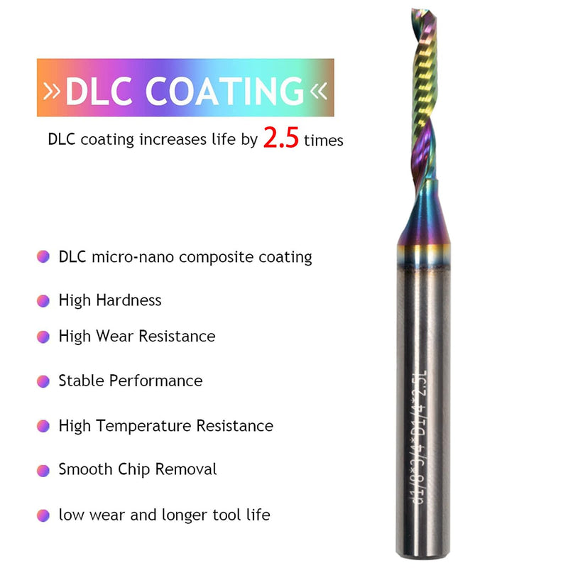 2PCS UpCut O Flute Spiral Router Bit 1/8 Inch Cutting Diameter 1/4 Inch Shank with DLC Coating Carbide End Mill/Acrylic Non-Ferrous Metal CNC Milling Cutter/Long Time Life Router Bits 2