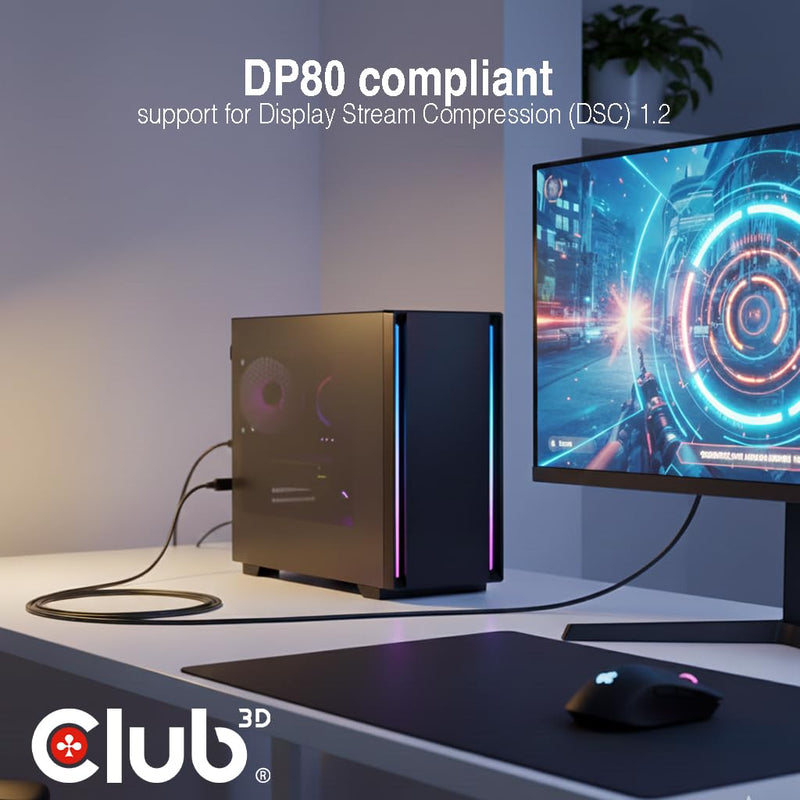 Club 3D USB C to DisplayPort 2.1 Cable 8K - 240Hz 4K - 720Hz HDR | VESA DP80 Certified 80Gbps Bi-Directional USB-C to DP Cable, Thunderbolt 4/3 Compatible, 3.3ft/1m for MacBook Pro, Dell, HP CAC-1559