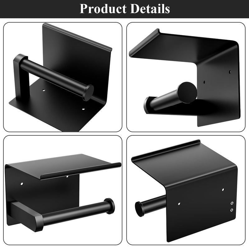 Tindbea Toilet Paper Holder Wall Mount + Towel Robe Hooks, Adhesive or Screw Wall Mounted Toilet Paper Roll Holder with Shelf, Stainless Steel Bathroom Organizers and Storage Kit (Matte Black) Regular Matte Black