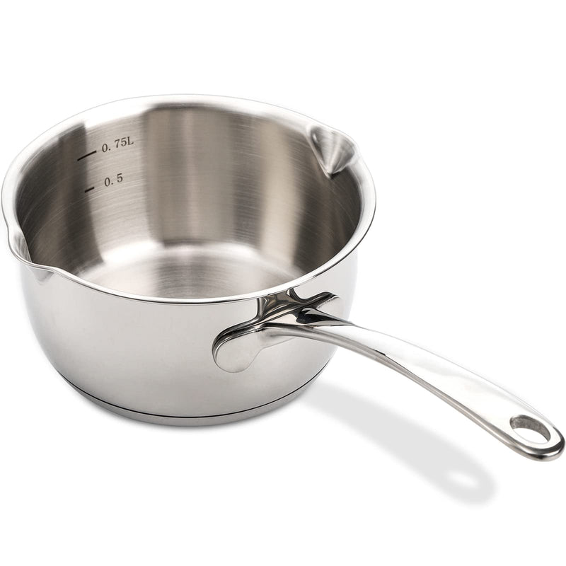 DEAYOU 18/10 Stainless Steel Butter Warmer Pan, 0.8-Quart Measuring Saucepan with Dual Pour Spout, Small Milk Butter Melting Pot, Induction Heavy Bottom Sauce Pan for Stove Top, Soup, Chocolate, 25OZ