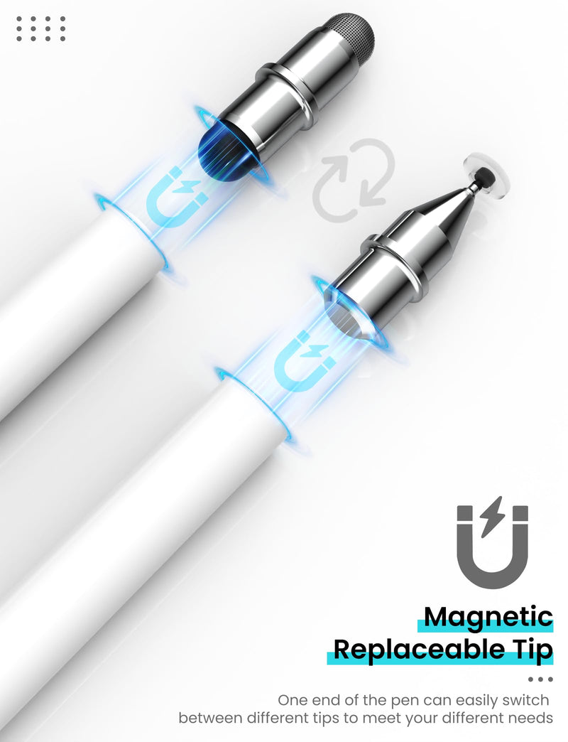 MEKO Stylus Pen for Touchscreen, 3-in-1 Universal Tablet Pen | Magnetic Design Replacement Tip, Fiber & Rubber & Disc Nibs, High Sensitivity for All Touch Screens Devices (White) White