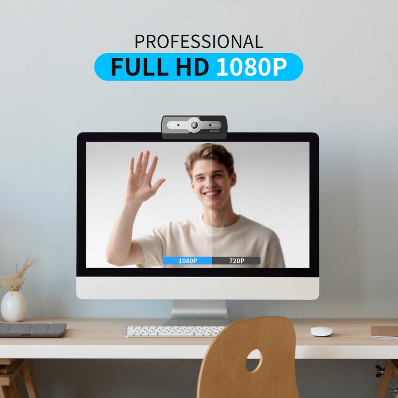 1080P Webcam with Microphone, USB Computer Camera for PC Full HD Web Cam for Desktop Computer Auto Light Adjustment Streaming Camera Plug and Play Noise Cancelling Webcam for Windows & Mac