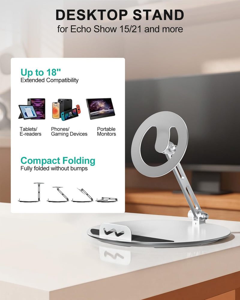 WALI Echo Show 15/21 Stand, Adjustable Stand for Echo Show 15/21 and Up to 18" Tablets/Portable Monitors, 360 Degrees Rotating Tilt Foldable Show 15, 21 Accessories for Kitchen Home Office, Silver