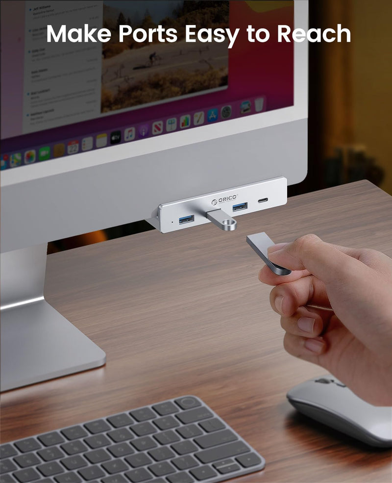 ORICO USB Hub 3.0, Clamp USB Hub with Extra Power Port, Aluminum 4-Port USB Adapter with 3 USB-A Data Ports, USB-C Port for Monitors, Desks(Silver) Silver