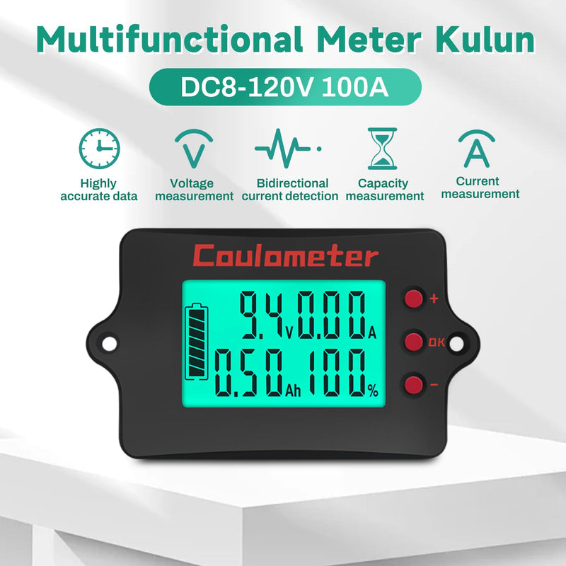 ZPSHYD DC 8-120V Digital Voltmeter Ammeter with 100A Shunt, Coulomb Meter for Battery Monitoring, RV, Solar & Ebike, Real-Time Voltage/Current/Capacity Display (Monochrome LCD) Monochrome Screen
