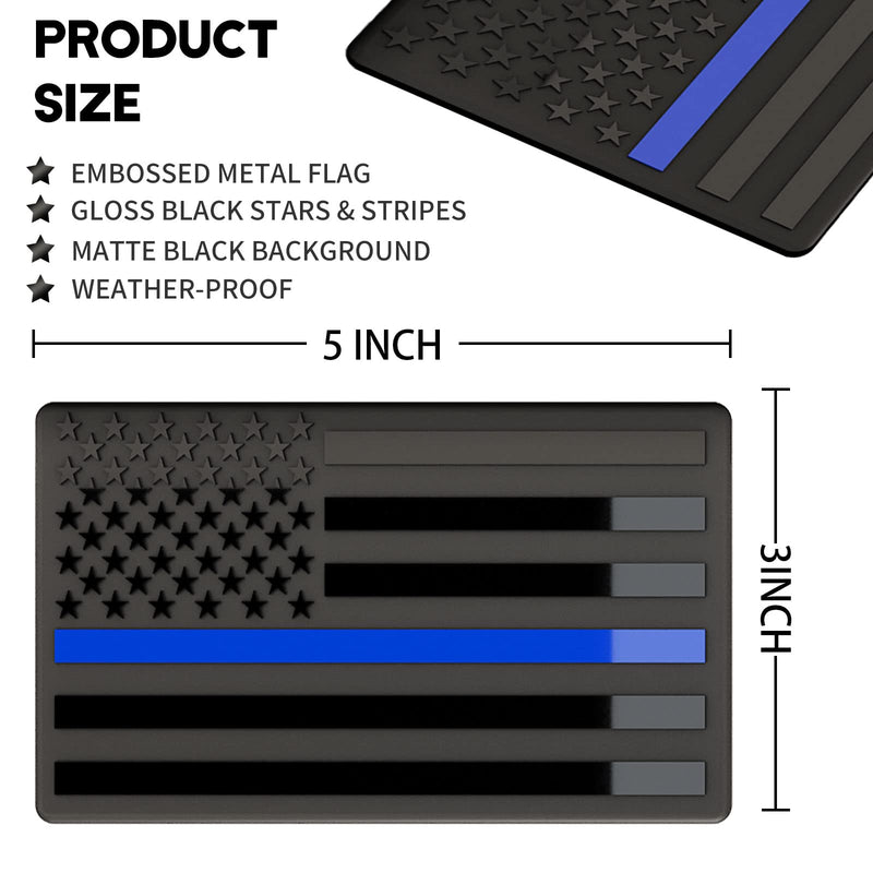 Embossed 3D Metal Thin Blue Line All Black American Flag Emblem Decal Stickers (1 Pair), Matte Black 5" x 3" Patriotic USA US Flag Decals for Car, Truck, Motorcycle Honoring Police Law Enforcement Thin Blue Line 1 Pair 5" x 3"