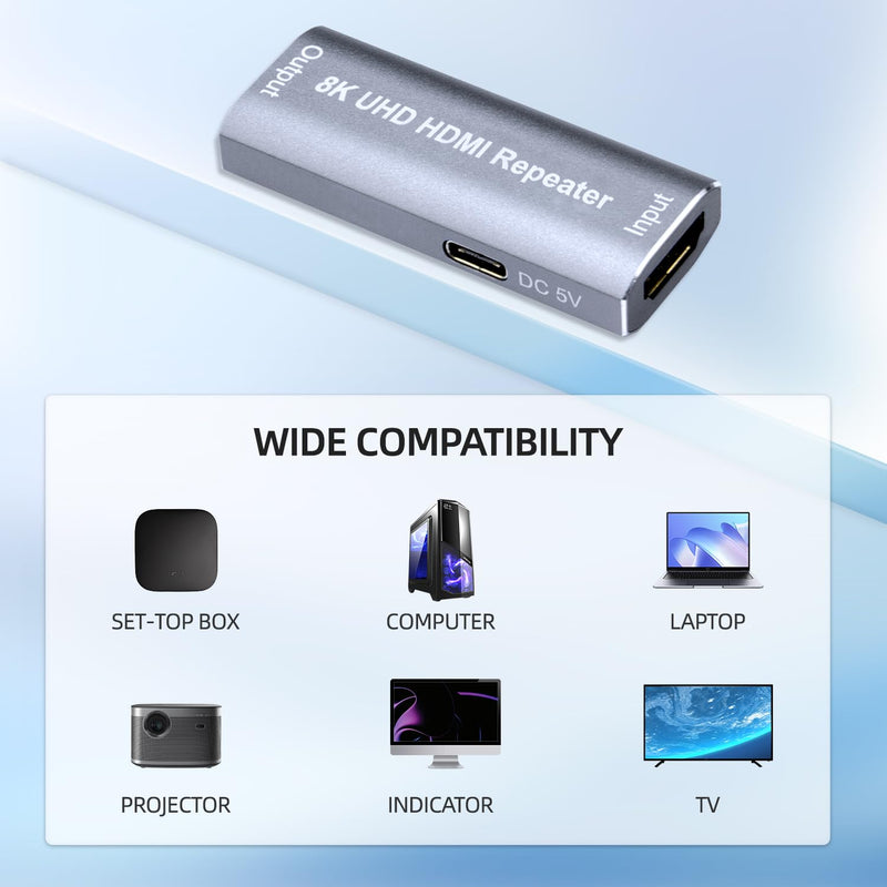 HDMI Amplifier Repeater, HDMI Signal Booster 82ft Support 8K/4K/1080P, Audio Formats DTS-HD/Dolby TureHD/DTS/Dolby-AC3/DSD, Video Format 8, 10 and 12-bit Dark Color Gray HDMI 2.1