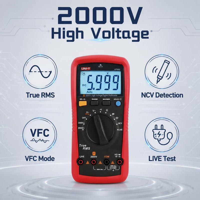 UNI-T UT892 2000V AC/DC High Voltage Digital Multimeter Features VFC Mode Built-in NCV 6000 Counts True RMS