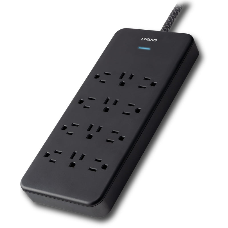 Philips 12-Outlet Surge Protector, 6ft Braided Extension Cord, 3500J, Adapter-Spaced, Outlet Extender Power Strip, Black - SPP3813B/37