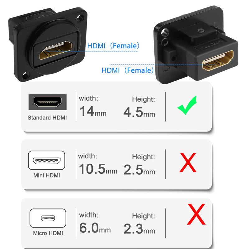 QIANRENON 4K HDMI Panel Mount Adapter Coupler HDMI 1.4 Female to Female Straight Through Connector HDMI1.4 HD Mounting Socket, XLR Panel/D Panel Mount, for HDTV Notebook PC Monitor Project