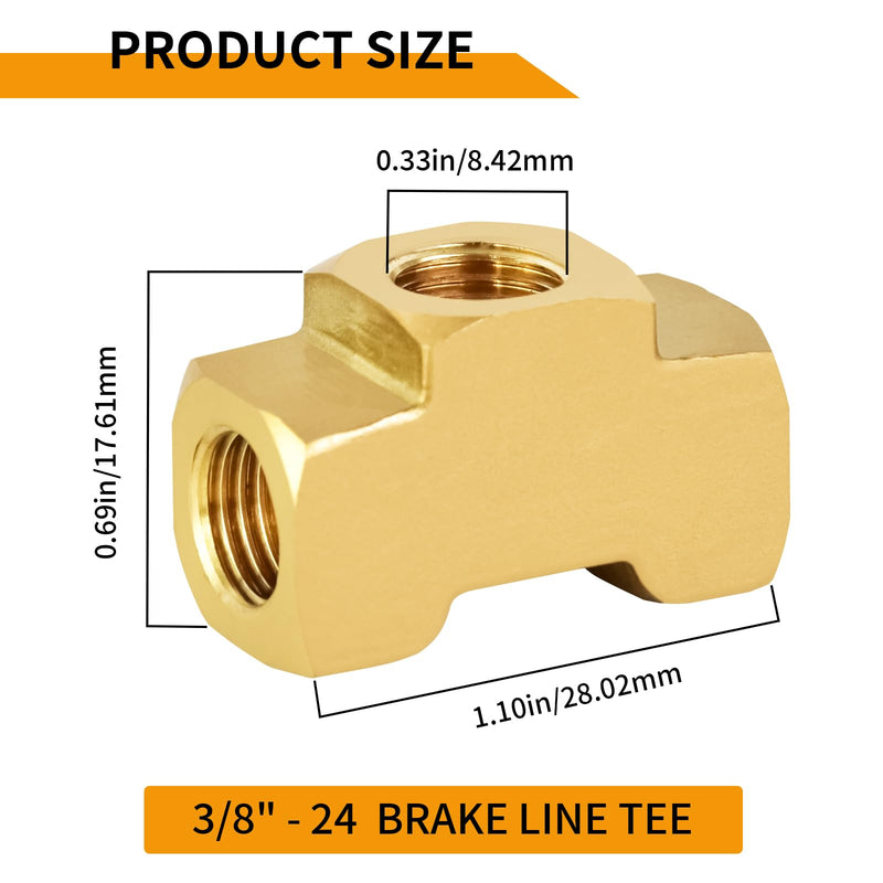 MuHize Brake Line Tee Fitting 4-Pack - 3/16" Tube x 3/8"-24 UNF | SAE/DOT Brass T-Connector for Double Flare Systems | Leak-Proof 3-Way Union for GM/Ford/Dodge RAM (4 PCs) 3/16IN-4PCS