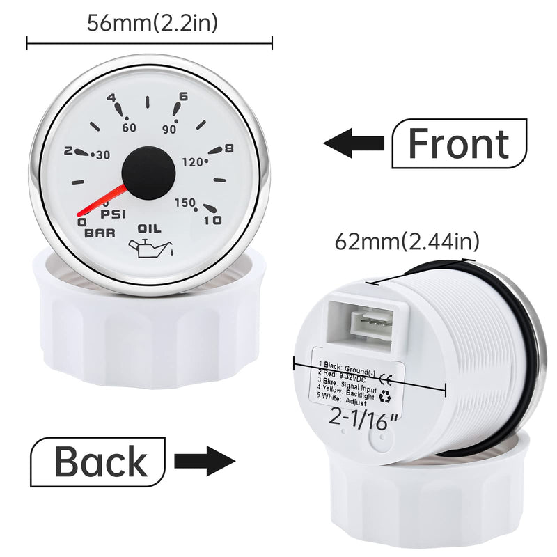 ARTILAURA Oil Pressure Gauge 7 Color 2-1/16" 52mm Electric Oil Pressure Gauge 0-150 PSI 0-10Bar Automotive Replacement for AUTO Car Truck SUV Boat Marine White