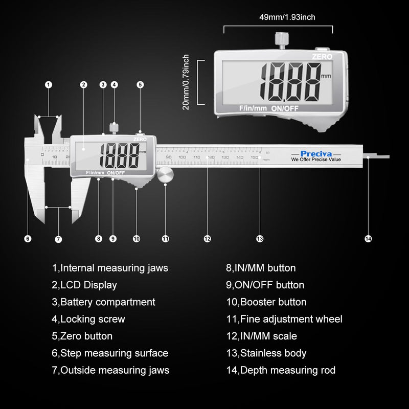 Preciva Digital Caliper, Electronic Stainless Steel Caliper Measuring Tool, Micrometer Calipers with Large LCD Screen, Switch from Inch Metric Fraction, Auto-Off Feature (6INCH/150MM) (White) White