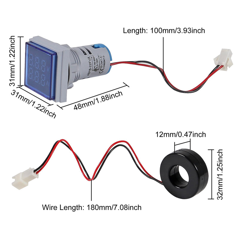  [AUSTRALIA] - Blue LED Display Voltmeter, Square Dual Display Voltmeter and Ammeter LED Digital Voltage Gauge AC 60-500V 0-100A Current Meter Indicator (4pcs) 4pcs