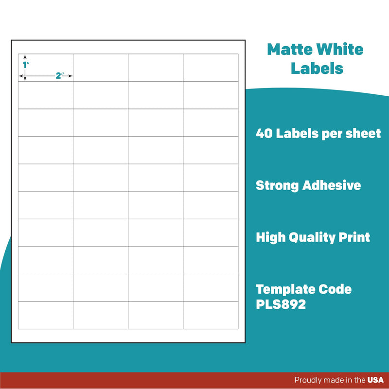 Premium Label Supply White Sticker Barcode Labels – 2" x 1" – Laser/Inkjet Compatible – (40 per Sheet), 25 Sheets – 1000 Total Adhesive Labels 1000 Labels