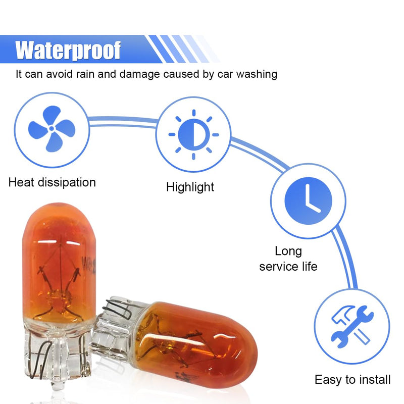 100PCS T10 194 Car Brake Light Turn Signal Bulbs - 12V 5W 168 2825 W5W Miniature Bulb Taillight Car Flat Foot Mini Lights - Halogen Width Indicator Lights Replacement Bulbs for Cars (Amber) Amber