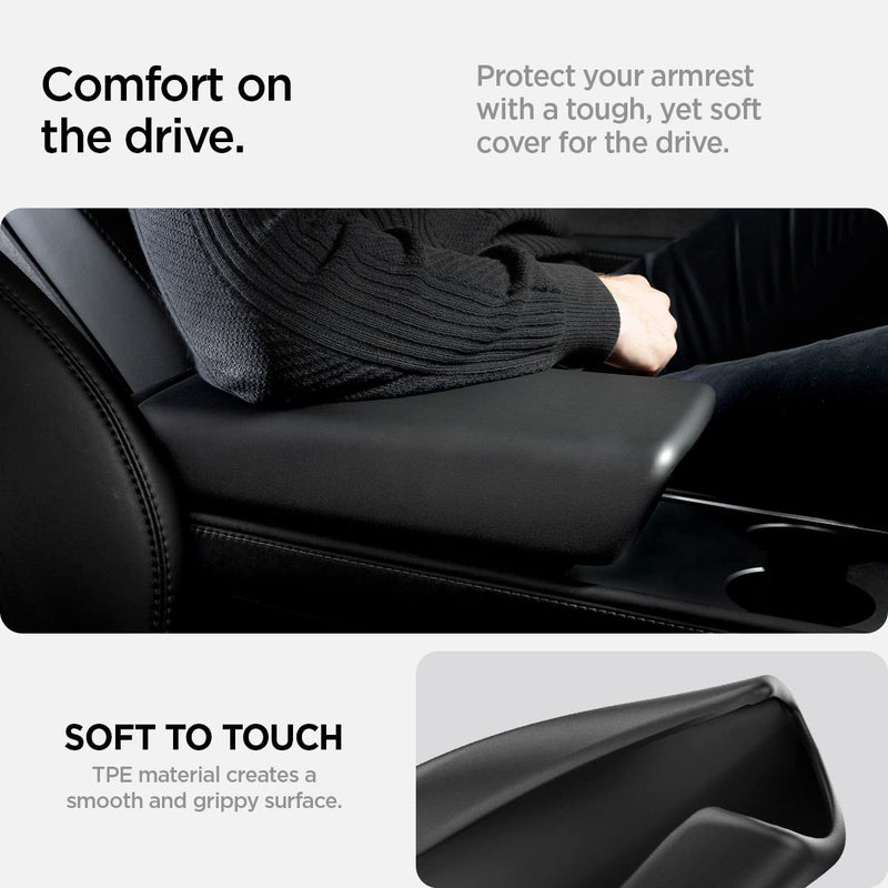 Spigen Center Console Non-Slip Armrest Cover Designed for Tesla Model 3/Y 2023/2022 with EZ Snap On Instant Install [Not Compatible with Model 3 2024 Refresh] Black