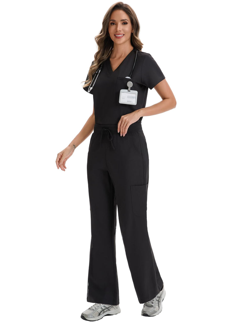 VECARDI Scrub Pants for Women High Rise Four Way Stretch Flare Yoga Cargo Pants with 6 Pockets Large Black