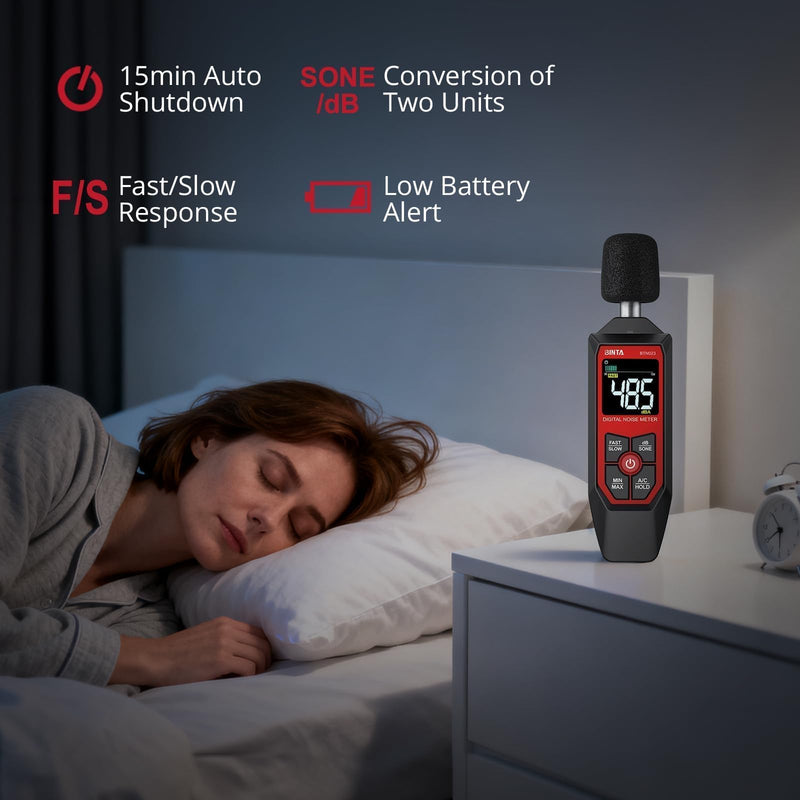 BINTA Decibel Meter, Digital Sound Level Meter with A/C Weighted, Portable SPL Tester 30-130dB Noise Measure with Backlit LCD Display, Max/Min, dB/SONE Unit, Data Hold for Home Office Factory Neighbor