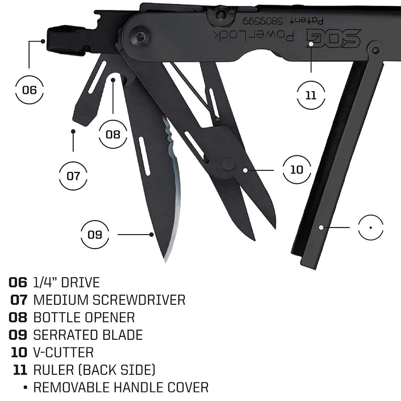 SOG PowerLock Multi-Tool- Compound Leverage Technology with EOD Crimper Device, 420 Stainless Steel Body, 18 Lightweight Specialty Tools (B61N-CP) , Black