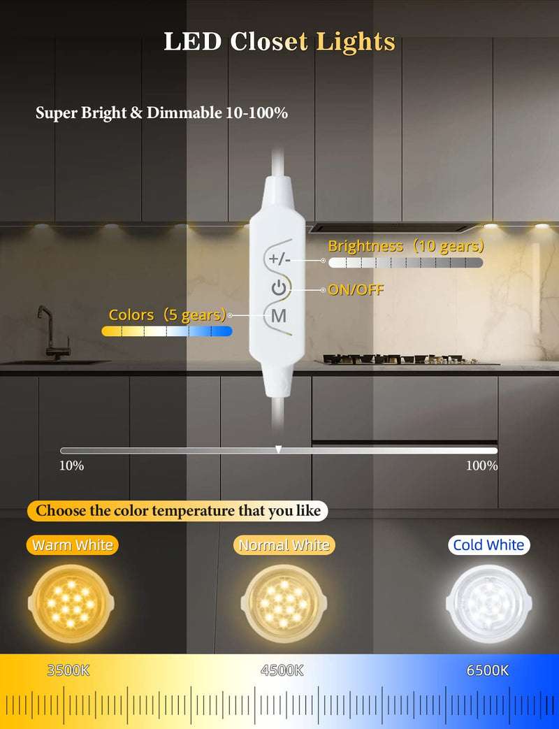 Daymeet Under Cabinet Lights for Kitchen, Dimmable LED Puck Lights Kit LED Closet Light, Plug in Under Counter Light USB Indoor Night for Shelf, Bedroom Remote Control