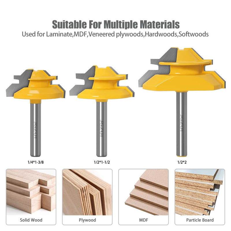 45 Degree Lock Miter Router Bits 1/4" Shank 3Pcs, C3 Carbide Set | 3 piece lock miter set, 1/4 inch shank, C3 tungsten carbide, 3/4 to 1-1/8 inch stock, cabinet joints, seamless corners 1/4inch Shank 3-Bit Set