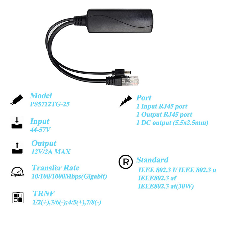 Revotech Gigabit PoE Splitter 48V to 12V 2A, 5.5x2.5mm DC IEEE 802.3af/at Standard Power Over Ethernet Splitter Adapter for Security IP Camera,Voip Phone, AP (PS5712TG-25) 12V 2A DC Plug 5.5x2.5mm DC