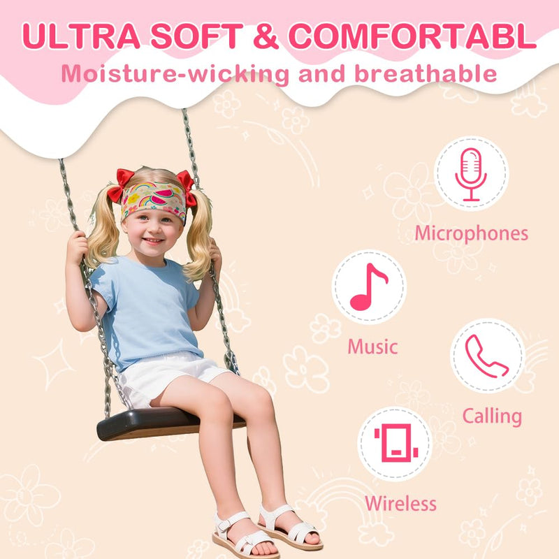 Kids Bluetooth 5.4 Headband Headphones, Adjustable Toddler Sports Headband Earphones with Mic, Soft Wireless Sleep Headphones for Baby Kids Travel Plane School Tablet Workout(Pink) Pink