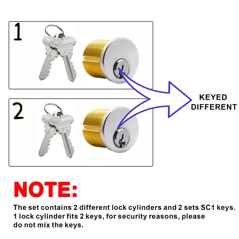 2Pcs Brass Mortise Cylinder Locks with 2 SC1 Keyway Keys | Fit Standard Commercial Door Replacement Lock Mortise Cylinder for Home Aluminum Door( 1 1/8" Inch - Different SC1 Keys) 1-1/8 inch Door Cylinder Locks