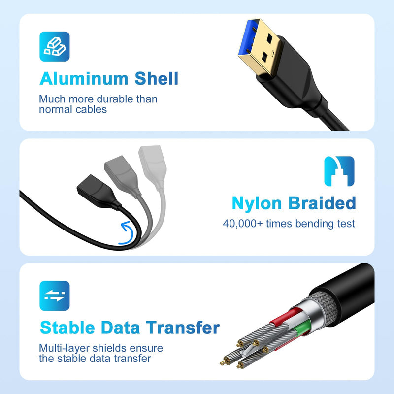 USB Extension Cable 6FT 2Pack,USB Extender,USB A Male to USB A Female Cord | USB 3.0 Extension Cable High Data Transfer for Phone Charging Cable,Webcam,Camera,USB hub,Mouse,Keyboard,Printer,Hard Drive Black
