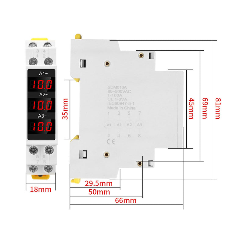 3 Phase Din Rail Voltmeter Ammeter, AC 80‑500V 1‑100A Digital Energy Meter with 3 Sensors, Voltage Current Power Meter Electricity Tester Multimeter Current Power Tester