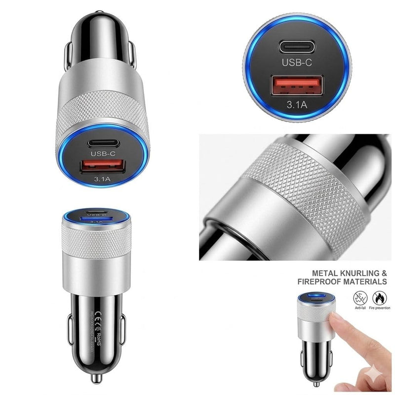 Dual-Port USB Fast Car Charger, USB-C PD and 3.1A USB-A, 15W Total Output, Metal Knurled Grip, Universal 12-24V, Model CC-PD1 Silver/Black