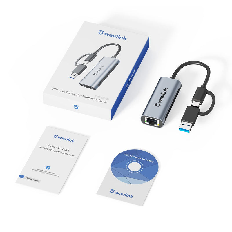 Wavlink USB C to Ethernet Adapter 2.5 Gbps, 2-in-1 USB to 2.5G Ethernet Adapter, USB-C to RJ45 Network Converter (Thunderbolt 4/3 Compatible), Aluminum Case for Windows, Mac OS, iPad OS and More. 330GCA